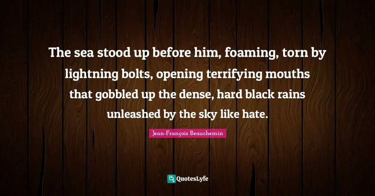 The sea stood up before him, foaming, torn by lightning bolts, opening terrifying mouths that gobbled up the dense, hard black rains unleashed by the sky like hate.