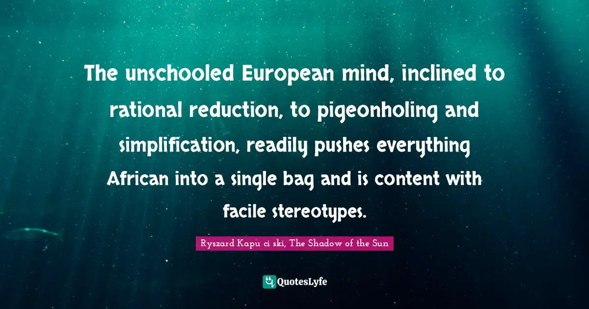 The unschooled European mind, inclined to rational reduction, to pigeonholing and simplification, readily pushes everything African into a single bag and is content with facile stereotypes.