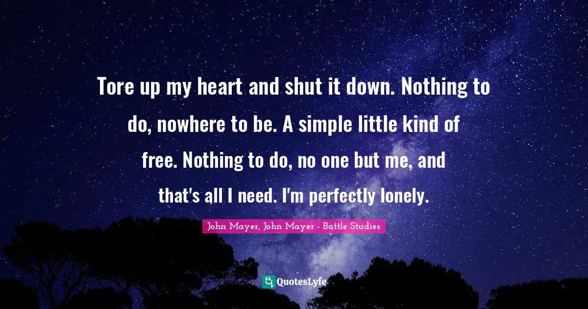 Tore up my heart and shut it down. Nothing to do, nowhere to be. A simple little kind of free. Nothing to do, no one but me, and that's all I need. I'm perfectly lonely.