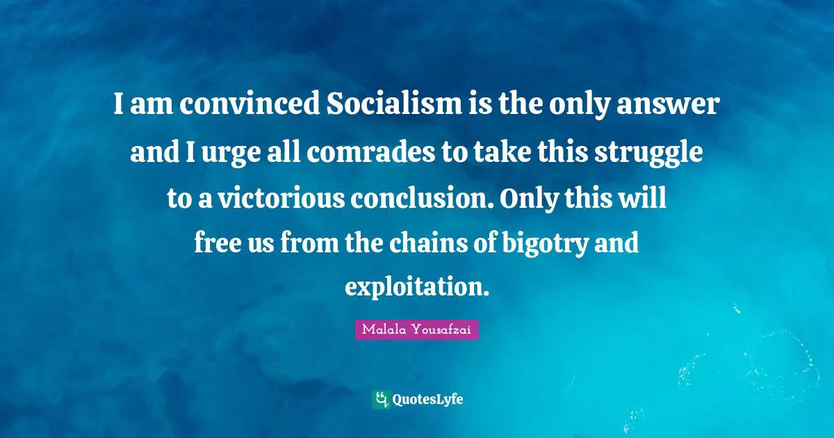 I am convinced Socialism is the only answer and I urge all comrades to take this struggle to a victorious conclusion. Only this will free us from the chains of bigotry and exploitation.