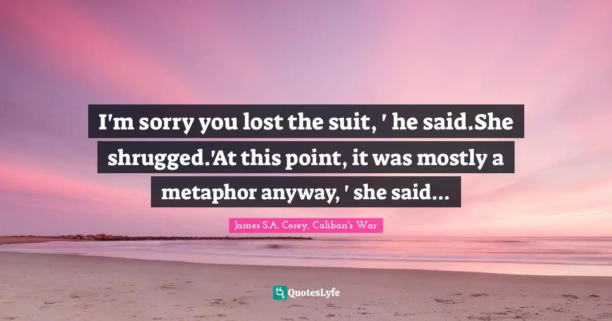 I'm sorry you lost the suit, ' he said.She shrugged.'At this point, it was mostly a metaphor anyway, ' she said...