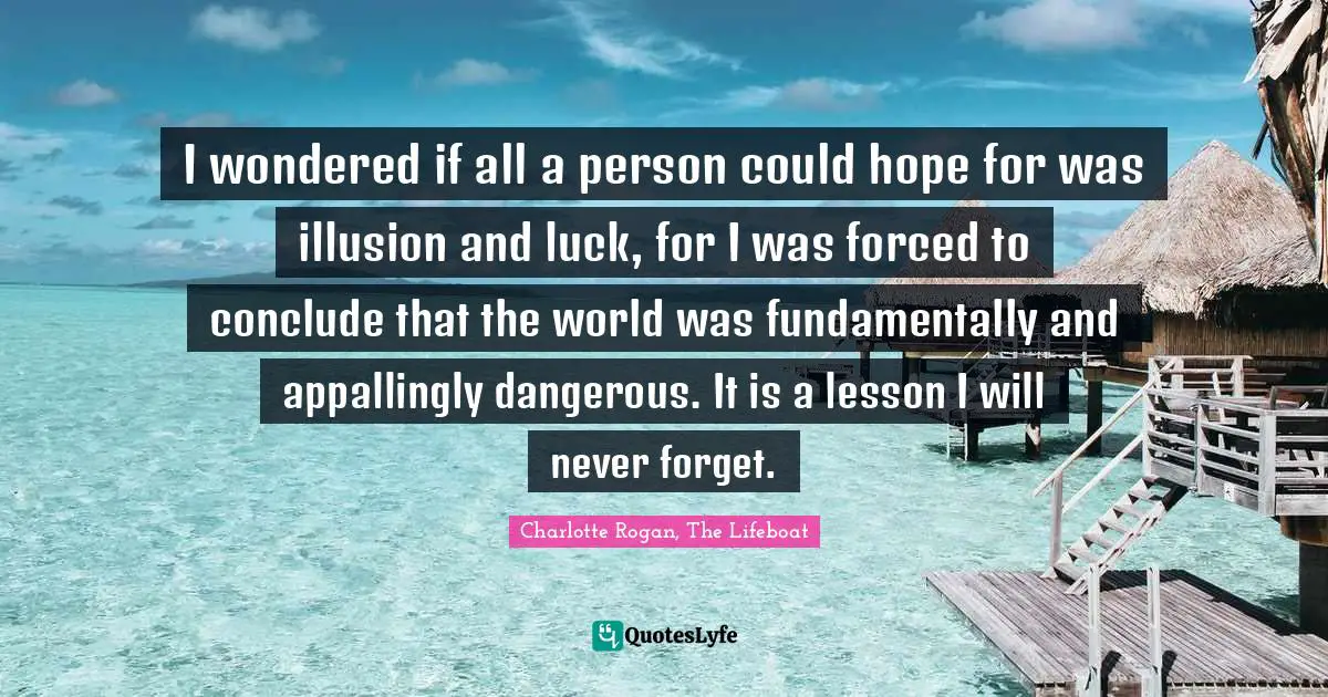 I wondered if all a person could hope for was illusion and luck, for I was forced to conclude that the world was fundamentally and appallingly dangerous. It is a lesson I will never forget.