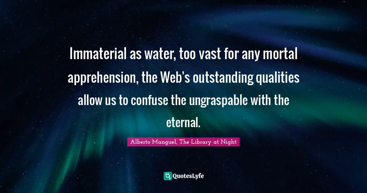 Alberto Manguel, The Library At Night Quotes: "Immaterial as water, too vast for any mortal apprehension, the Web's outstanding qualities allow us to confuse the ungraspable with the eternal."
