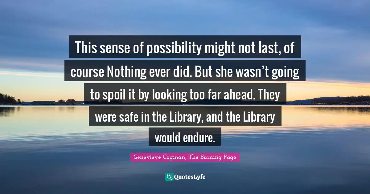 This sense of possibility might not last, of course Nothing ever did. But she wasn’t going to spoil it by looking too far ahead. They were safe in the Library, and the Library would endure.