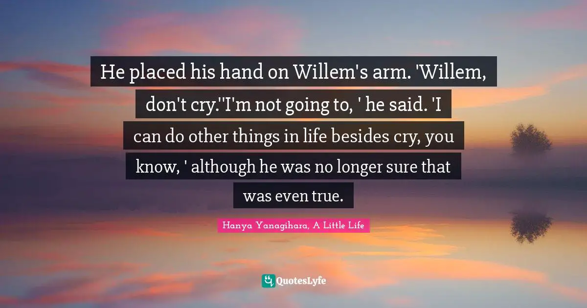 He placed his hand on Willem's arm. 'Willem, don't cry.''I'm not going to, ' he said. 'I can do other things in life besides cry, you know, ' although he was no longer sure that was even true.