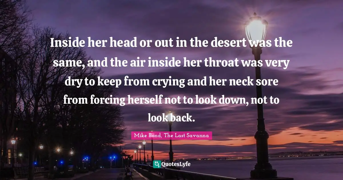 Inside her head or out in the desert was the same, and the air inside her throat was very dry to keep from crying and her neck sore from forcing herself not to look down, not to look back.