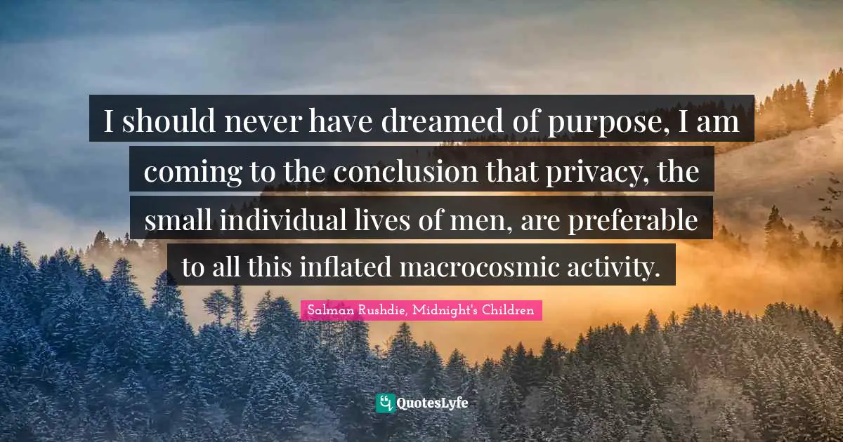 I should never have dreamed of purpose, I am coming to the conclusion that privacy, the small individual lives of men, are preferable to all this inflated macrocosmic activity.