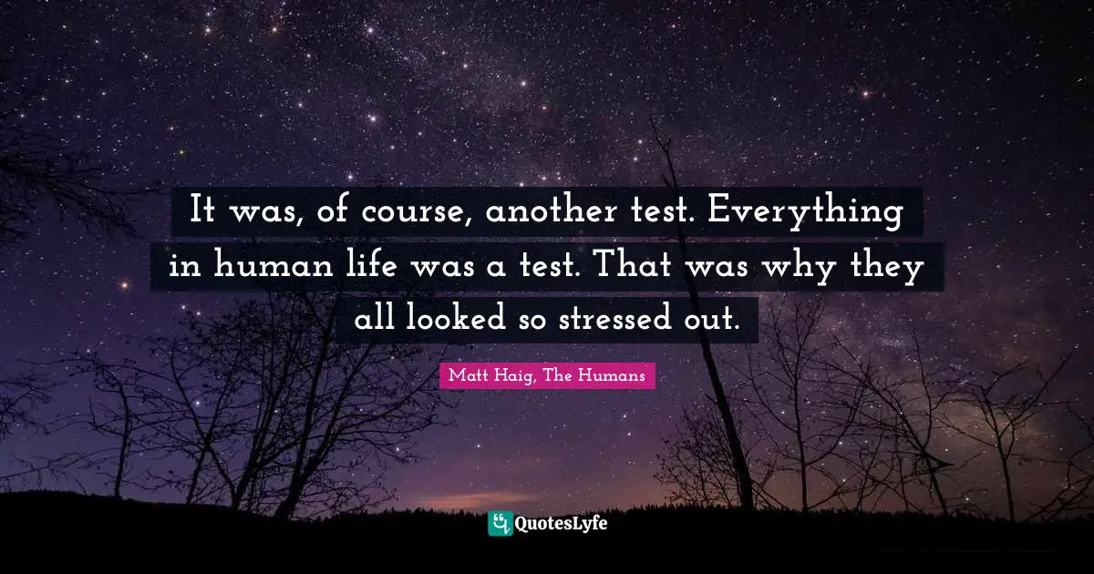 It was, of course, another test. Everything in human life was a test. That was why they all looked so stressed out.