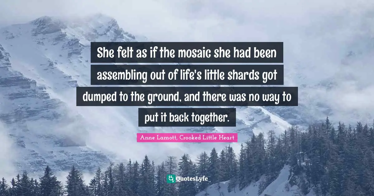 She felt as if the mosaic she had been assembling out of life's little shards got dumped to the ground, and there was no way to put it back together.