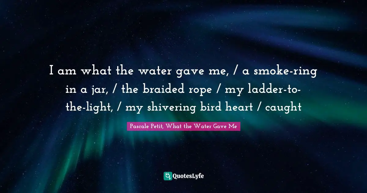 I am what the water gave me, / a smoke-ring in a jar, / the braided rope / my ladder-to-the-light, / my shivering bird heart / caught