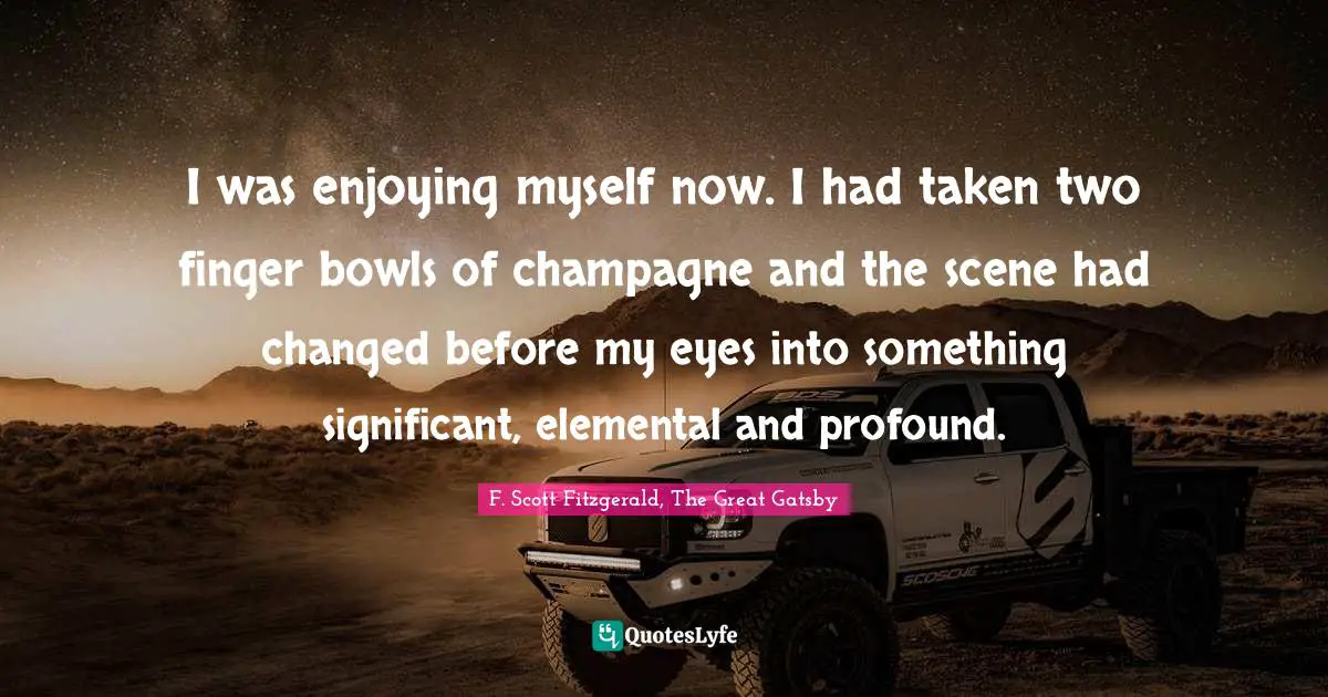 I was enjoying myself now. I had taken two finger bowls of champagne and the scene had changed before my eyes into something significant, elemental and profound.