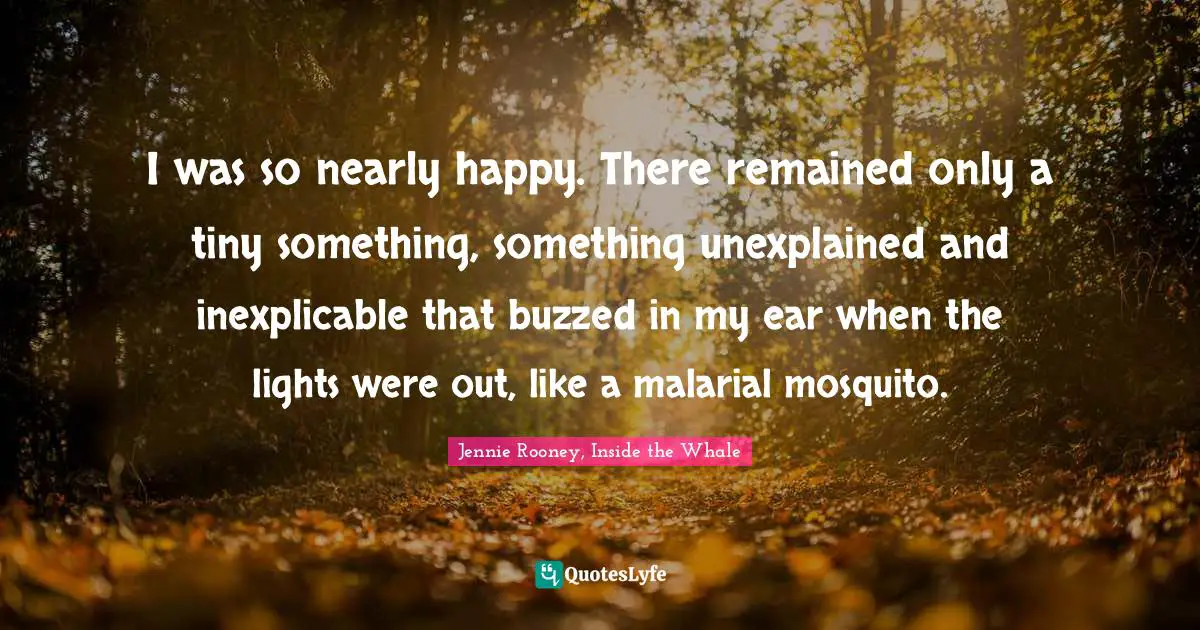 I was so nearly happy. There remained only a tiny something, something unexplained and inexplicable that buzzed in my ear when the lights were out, like a malarial mosquito.