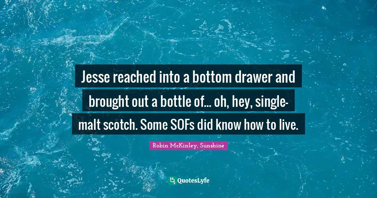 Jesse reached into a bottom drawer and brought out a bottle of... oh, hey, single-malt scotch. Some SOFs did know how to live.