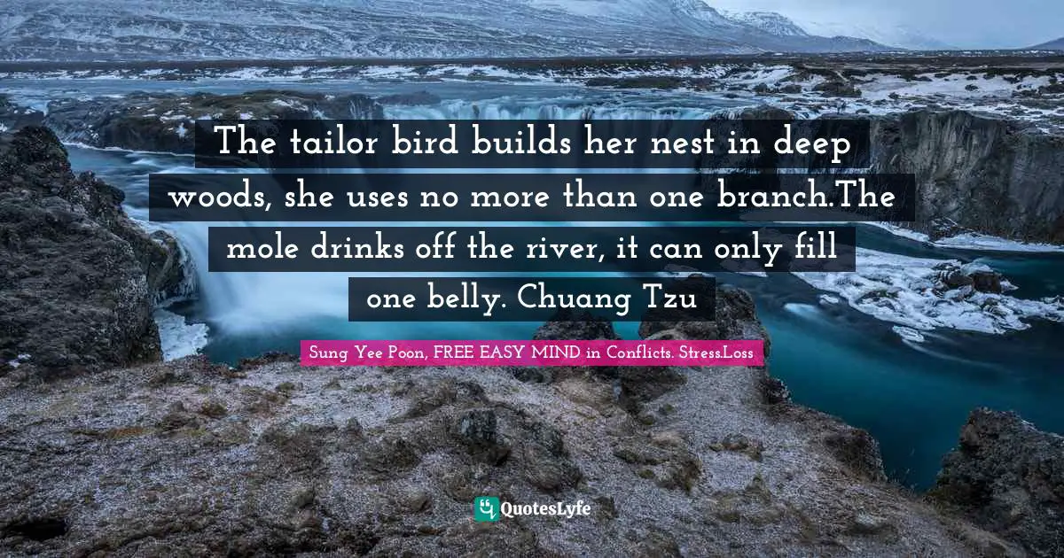 Living With Less Quotes: "The tailor bird builds her nest in deep woods, she uses no more than one branch.The mole drinks off the river, it can only fill one belly. Chuang Tzu"