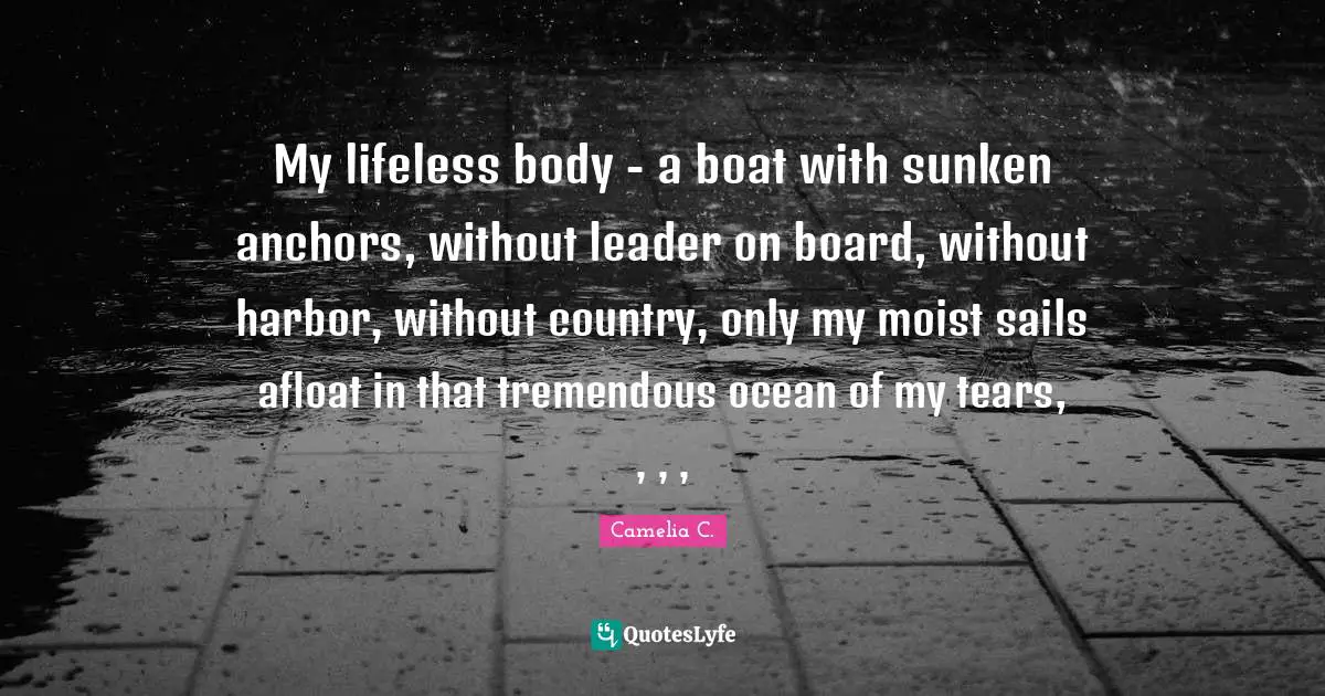 My lifeless body - a boat with sunken anchors, without leader on board, without harbor, without country, only my moist sails afloat in that tremendous ocean of my tears, , , , 