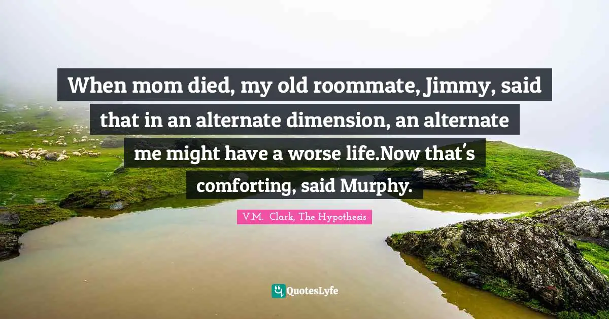 When mom died, my old roommate, Jimmy, said that in an alternate dimension, an alternate me might have a worse life.Now that's comforting, said Murphy.