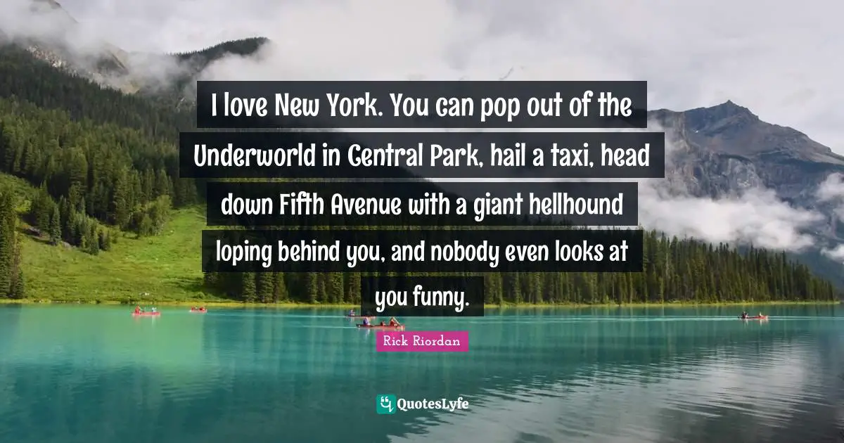 I love New York. You can pop out of the Underworld in Central Park, hail a taxi, head down Fifth Avenue with a giant hellhound loping behind you, and nobody even looks at you funny.
