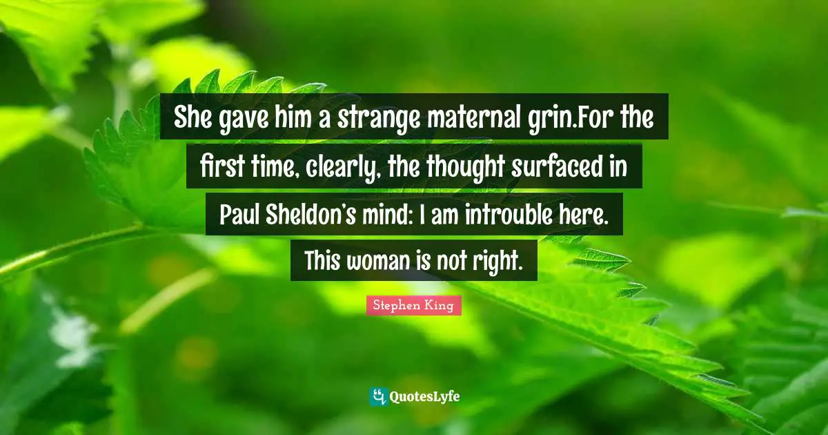 She gave him a strange maternal grin.For the first time, clearly, the thought surfaced in Paul Sheldon’s mind: I am introuble here. This woman is not right.