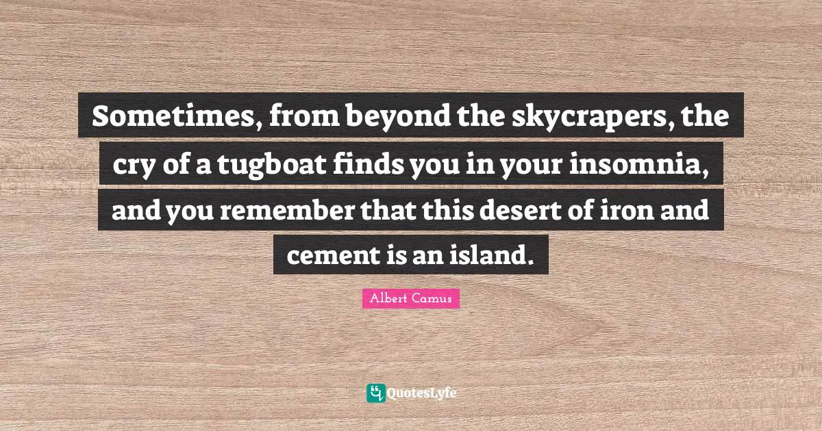 Sometimes, from beyond the skycrapers, the cry of a tugboat finds you in your insomnia, and you remember that this desert of iron and cement is an island.