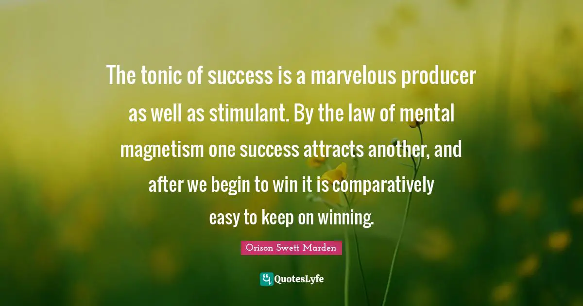 The tonic of success is a marvelous producer as well as stimulant. By the law of mental magnetism one success attracts another, and after we begin to win it is comparatively easy to keep on winning.