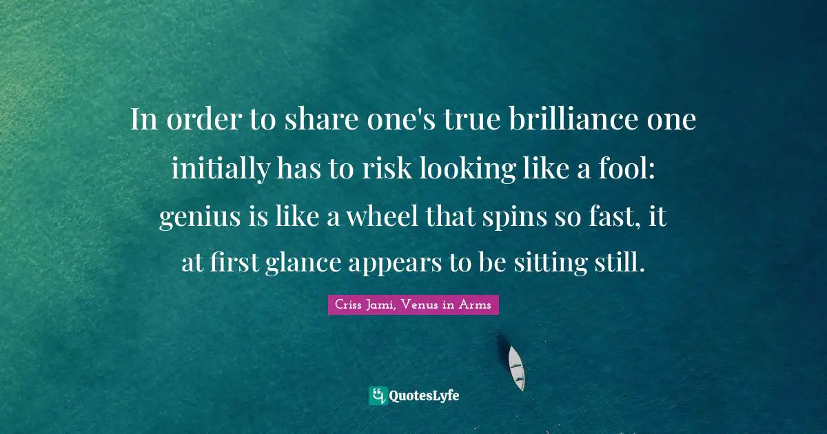 In order to share one's true brilliance one initially has to risk looking like a fool: genius is like a wheel that spins so fast, it at first glance appears to be sitting still.