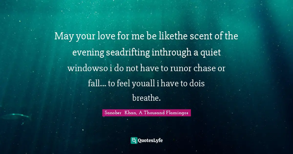 Sanober  Khan, A Thousand Flamingos Quotes: "May your love for me be likethe scent of the evening seadrifting inthrough a quiet windowso i do not have to runor chase or fall... to feel youall i have to dois breathe."