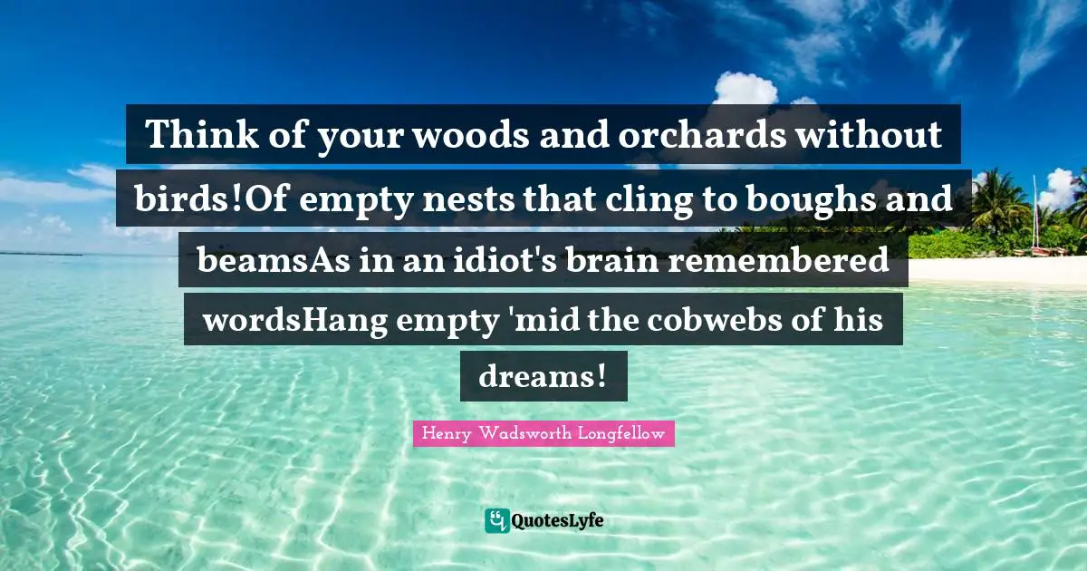 Think of your woods and orchards without birds!Of empty nests that cling to boughs and beamsAs in an idiot's brain remembered wordsHang empty 'mid the cobwebs of his dreams!