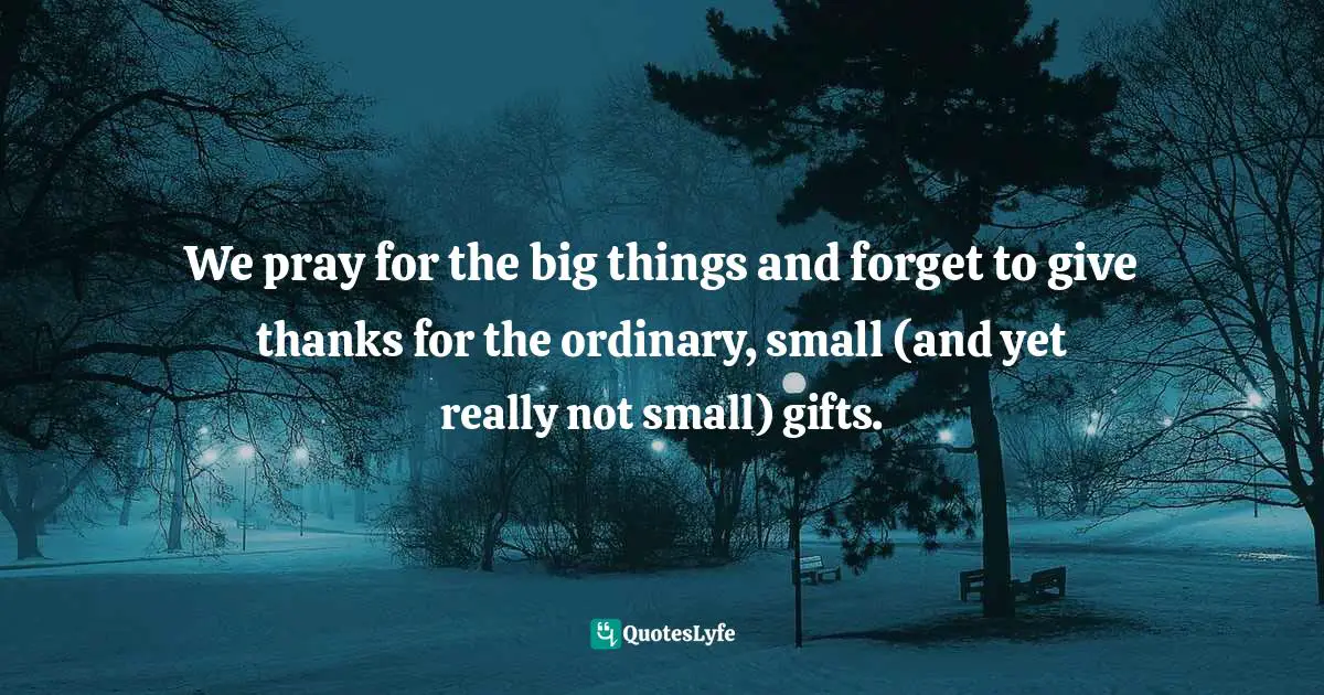 Thankfulness Quotes: "We pray for the big things and forget to give thanks for the ordinary, small (and yet really not small) gifts."