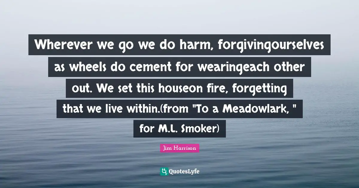Wherever we go we do harm, forgivingourselves as wheels do cement for wearingeach other out. We set this houseon fire, forgetting that we live within.(from "To a Meadowlark, " for M.L. Smoker)