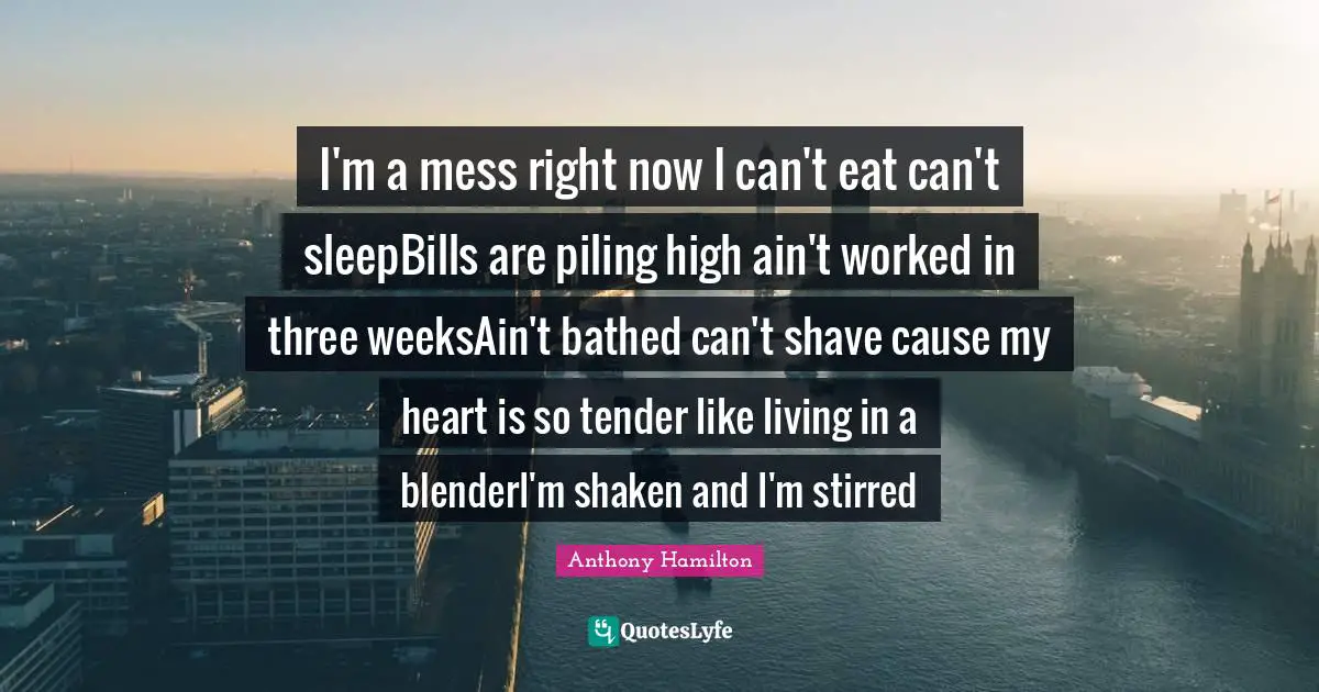 I'm a mess right now I can't eat can't sleepBills are piling high ain't worked in three weeksAin't bathed can't shave cause my heart is so tender like living in a blenderI'm shaken and I'm stirred