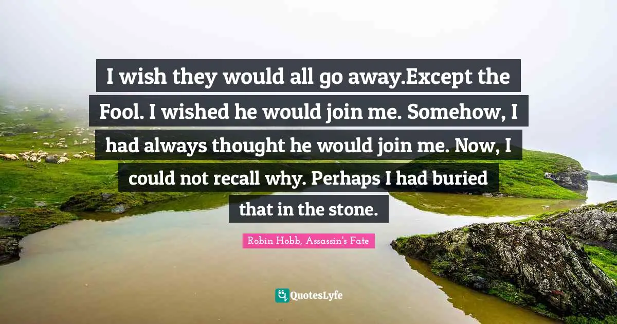 I wish they would all go away.Except the Fool. I wished he would join me. Somehow, I had always thought he would join me. Now, I could not recall why. Perhaps I had buried that in the stone.