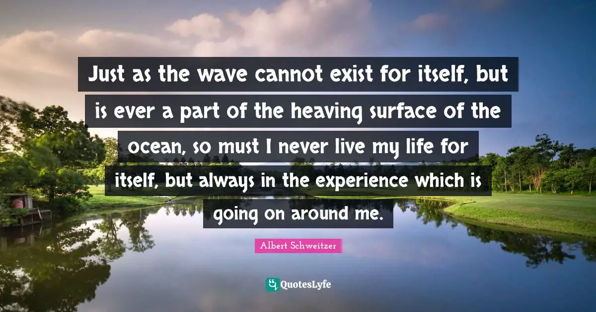 Connection Quotes: "Just as the wave cannot exist for itself, but is ever a part of the heaving surface of the ocean, so must I never live my life for itself, but always in the experience which is going on around me."