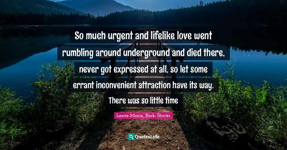 So much urgent and lifelike love went rumbling around underground and died there, never got expressed at all, so let some errant inconvenient attraction have its way. There was so little time