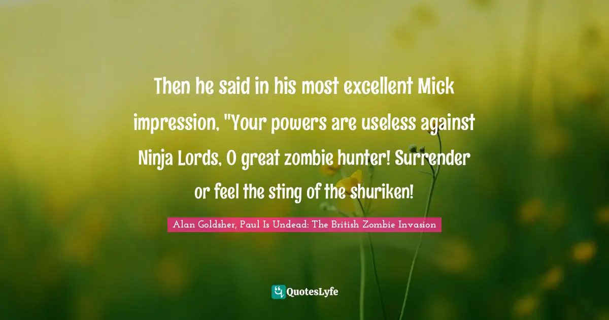 Then he said in his most excellent Mick impression, "Your powers are useless against Ninja Lords, O great zombie hunter! Surrender or feel the sting of the shuriken!