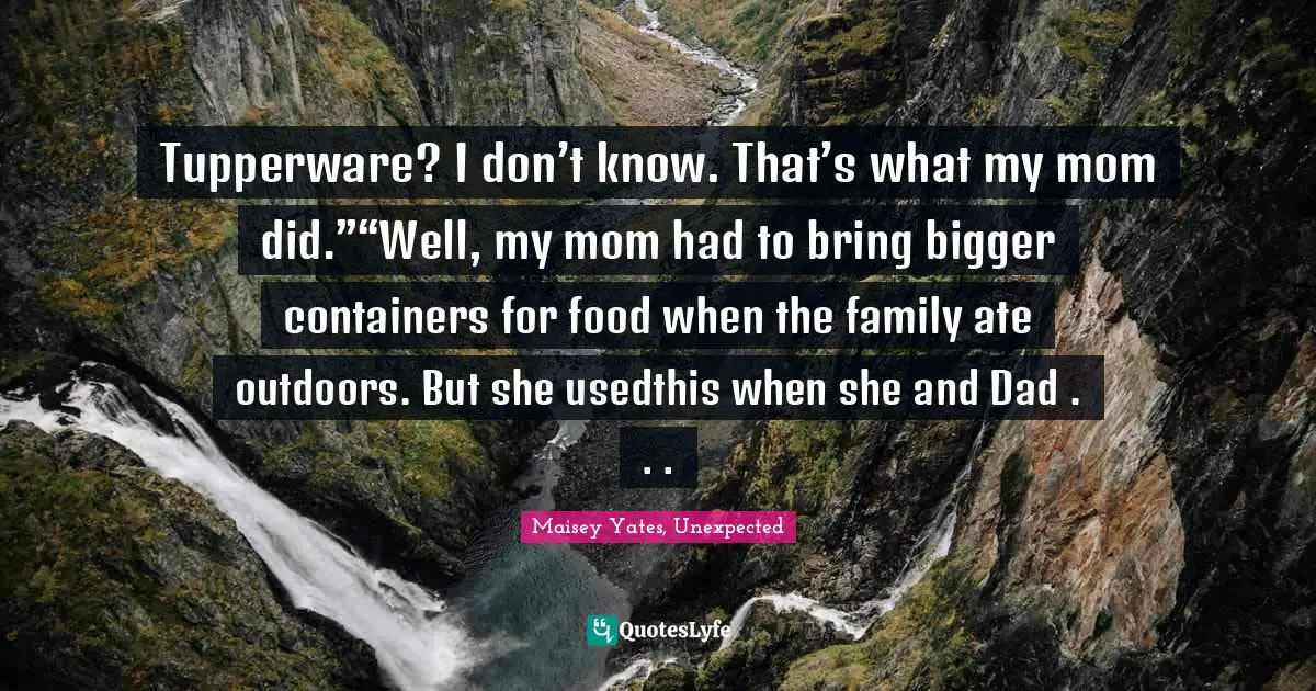 Tupperware? I don’t know. That’s what my mom did.”“Well, my mom had to bring bigger containers for food when the family ate outdoors. But she usedthis when she and Dad . . .