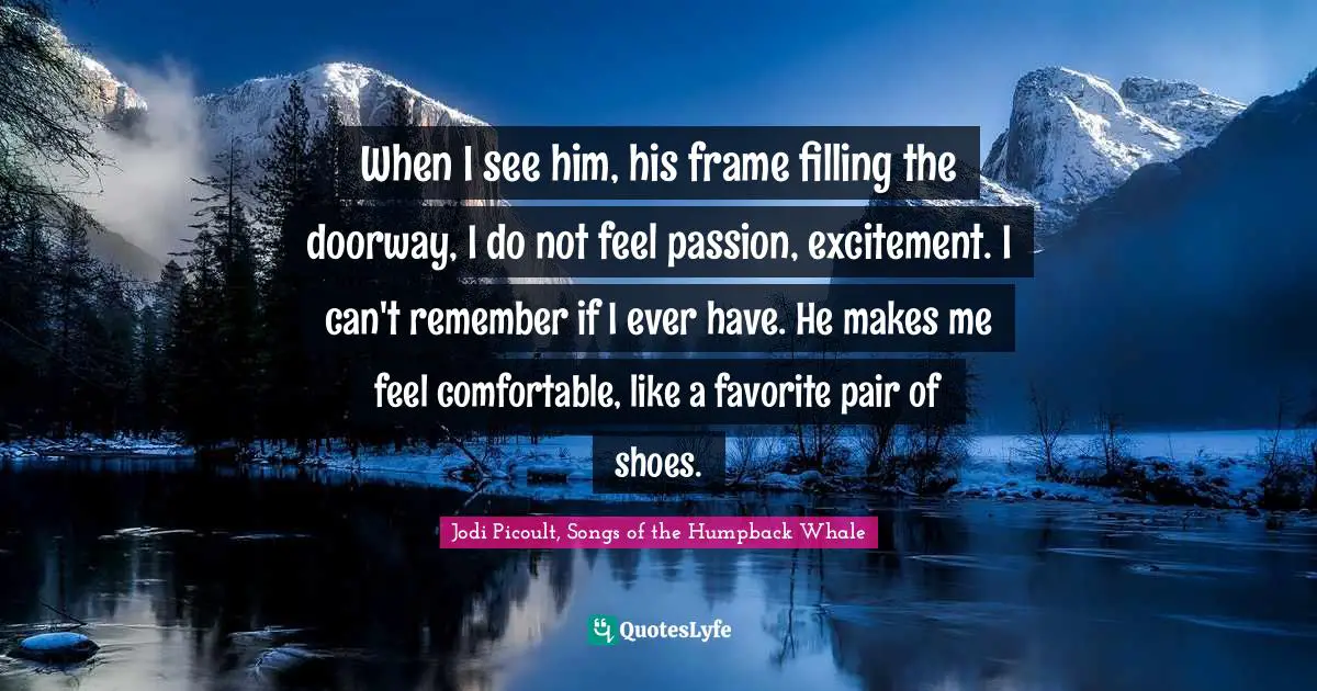Jodi Picoult, Songs of the Humpback Whale Quotes: When I see him, his frame filling the doorway, I do not feel passion, excitement. I can't remember if I ever have. He makes me feel comfortable, like a favorite pair of shoes.