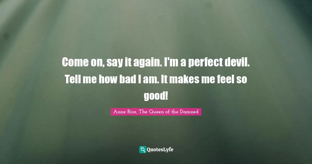 Come on, say it again. I'm a perfect devil. Tell me how bad I am. It makes me feel so good!