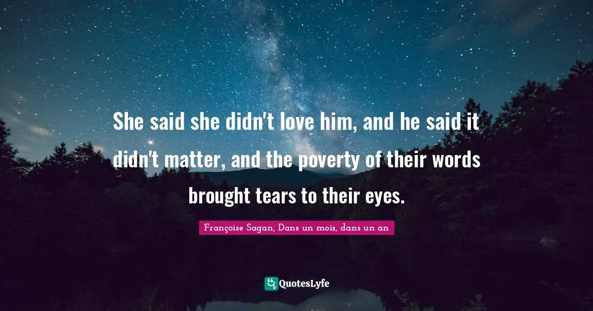 She said she didn't love him, and he said it didn't matter, and the poverty of their words brought tears to their eyes.
