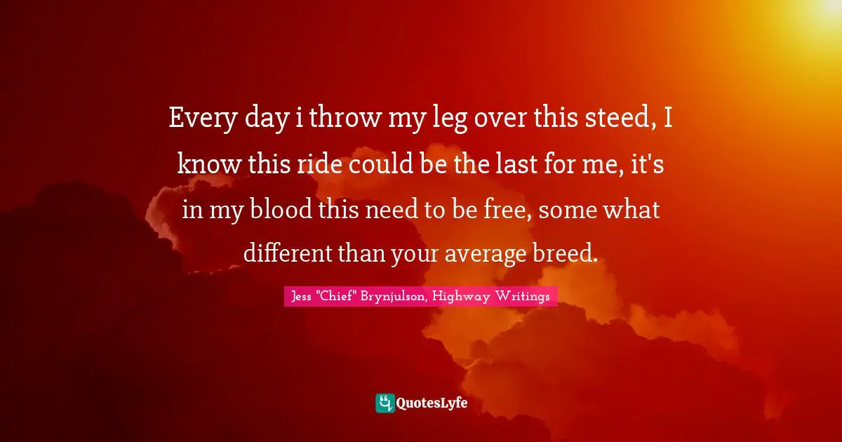 Every day i throw my leg over this steed, I know this ride could be the last for me, it's in my blood this need to be free, some what different than your average breed.