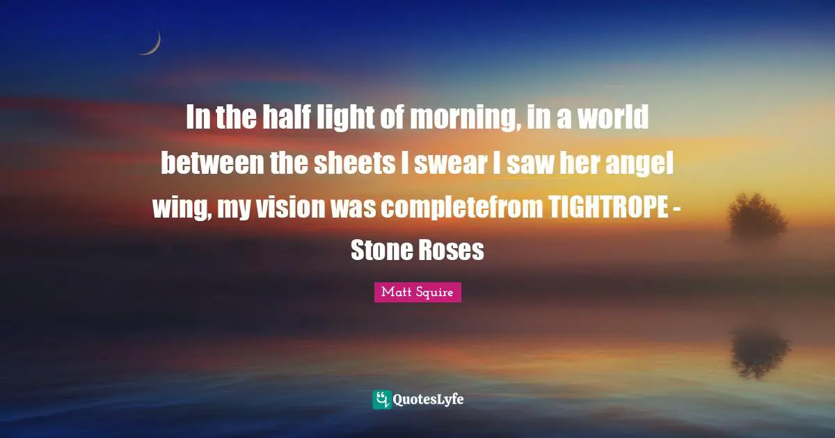 In the half light of morning, in a world between the sheets I swear I saw her angel wing, my vision was completefrom TIGHTROPE - Stone Roses