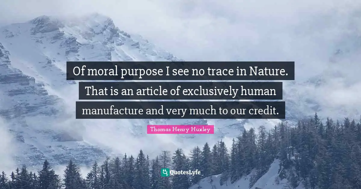 Of moral purpose I see no trace in Nature. That is an article of exclusively human manufacture and very much to our credit.