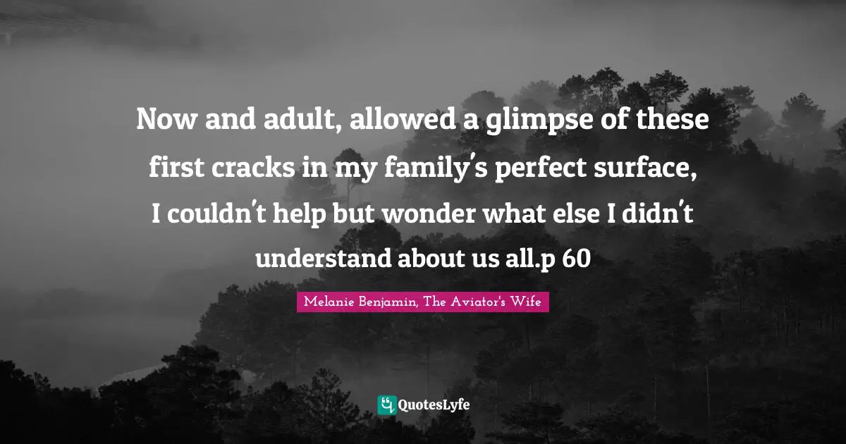 Now and adult, allowed a glimpse of these first cracks in my family's perfect surface, I couldn't help but wonder what else I didn't understand about us all.p 60