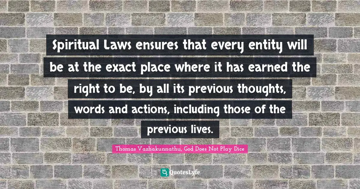 Spiritual Laws ensures that every entity will be at the exact place where it has earned the right to be, by all its previous thoughts, words and actions, including those of the previous lives.