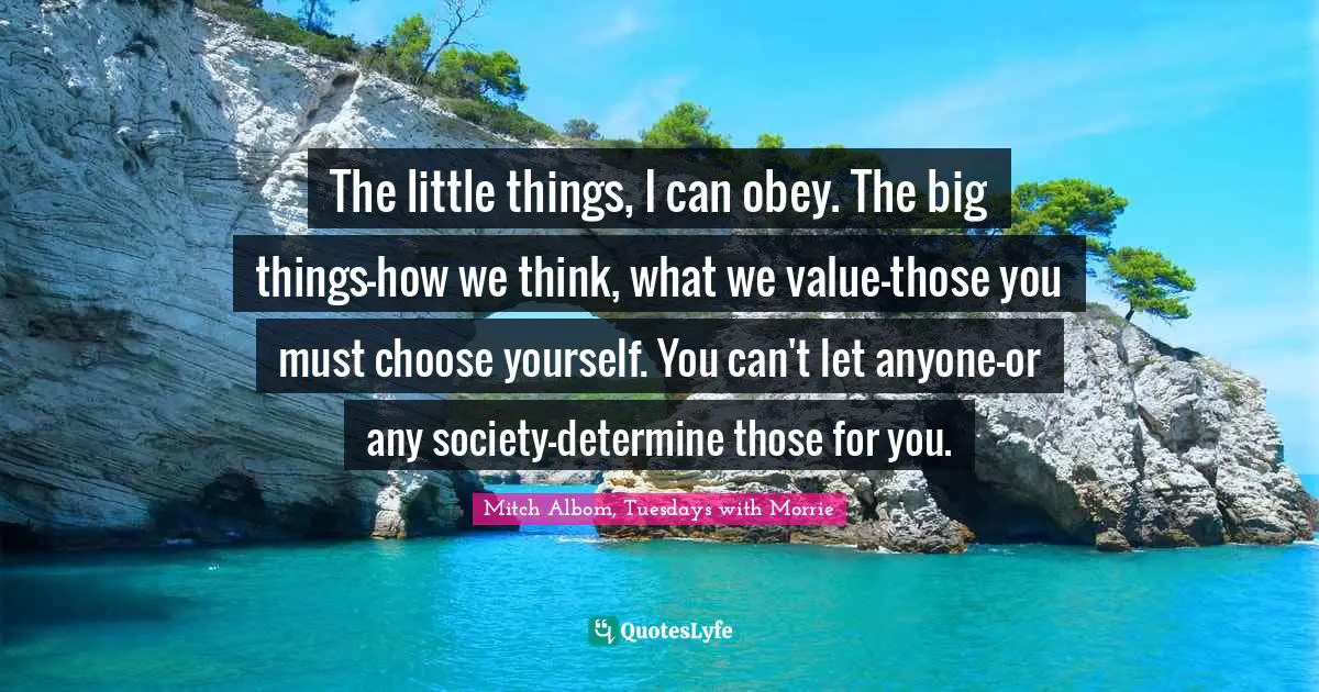 Tuesdays With Morrie Quotes: "The little things, I can obey. The big things—how we think, what we value—those you must choose yourself. You can't let anyone—or any society—determine those for you."