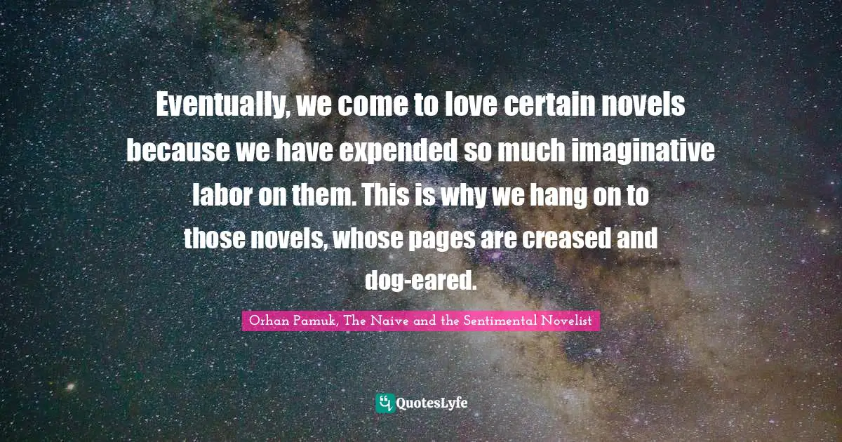 Eventually, we come to love certain novels because we have expended so much imaginative labor on them. This is why we hang on to those novels, whose pages are creased and dog-eared.