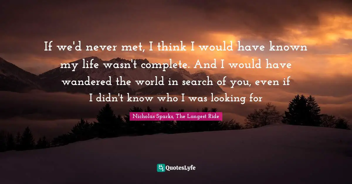 If we'd never met, I think I would have known my life wasn't complete. And I would have wandered the world in search of you, even if I didn't know who I was looking for
