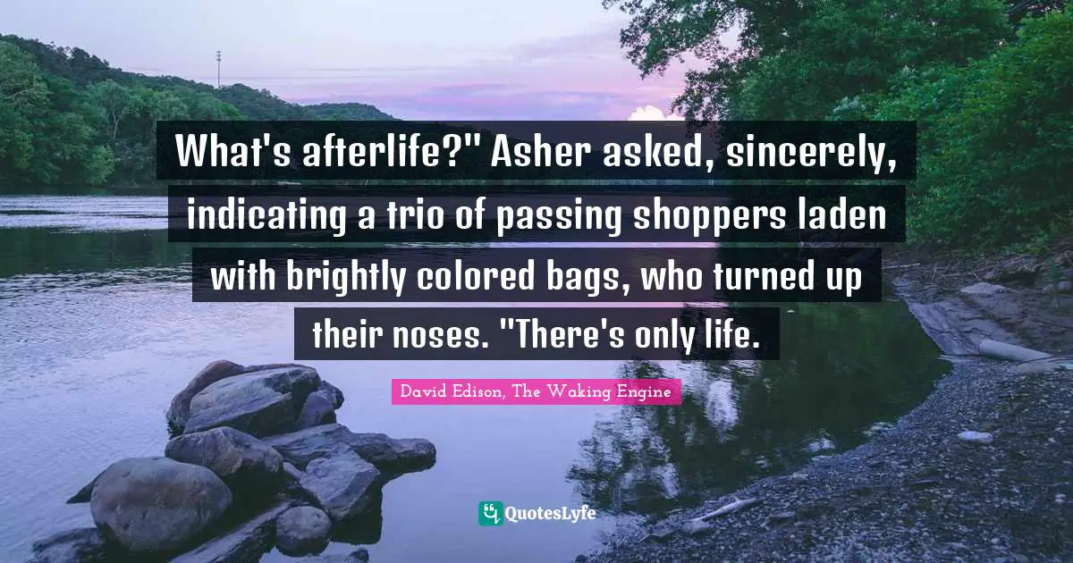 What's afterlife?" Asher asked, sincerely, indicating a trio of passing shoppers laden with brightly colored bags, who turned up their noses. "There's only life.