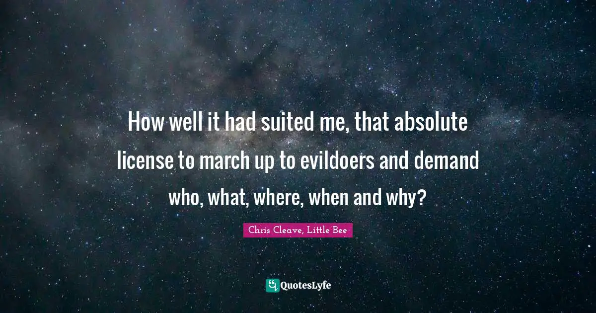 How well it had suited me, that absolute license to march up to evildoers and demand who, what, where, when and why?