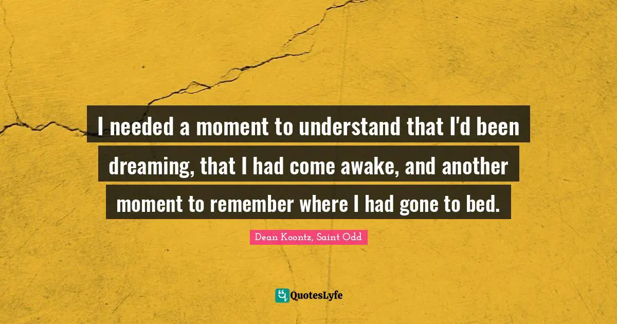 I needed a moment to understand that I'd been dreaming, that I had come awake, and another moment to remember where I had gone to bed.