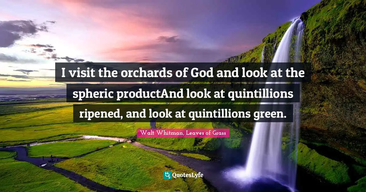 Walt Whitman, Leaves of Grass Quotes: I visit the orchards of God and look at the spheric productAnd look at quintillions ripened, and look at quintillions green.
